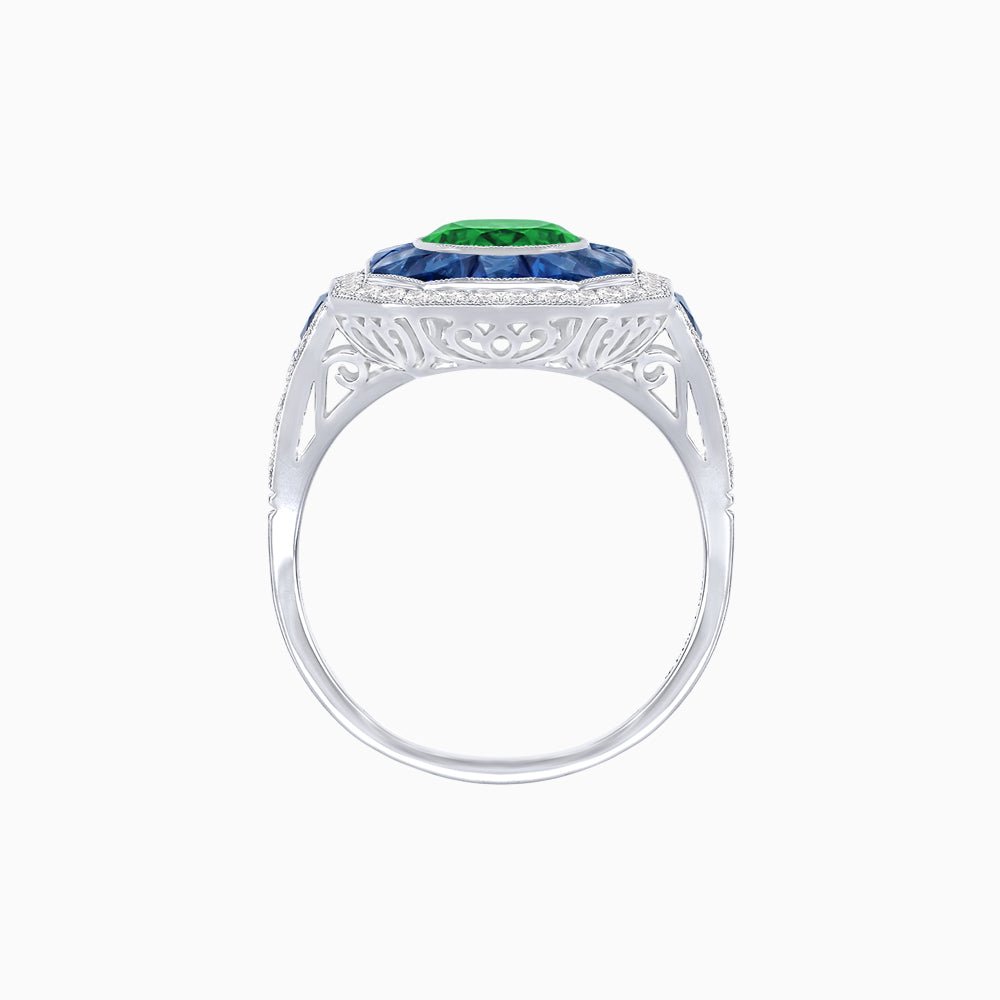 Art Deco Inspired Round Center Octagonal Calibré-Cut Halo Engagement Ring - Shahin Jewelry