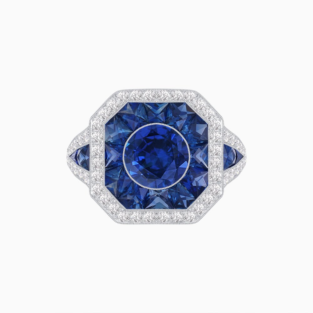Art Deco Inspired Round Center Octagonal Calibré-Cut Halo Engagement Ring - Shahin Jewelry