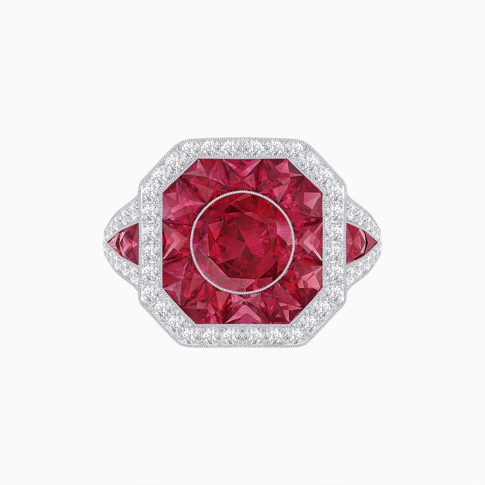Art Deco Inspired Round Center Octagonal Calibré-Cut Halo Engagement Ring - Shahin Jewelry