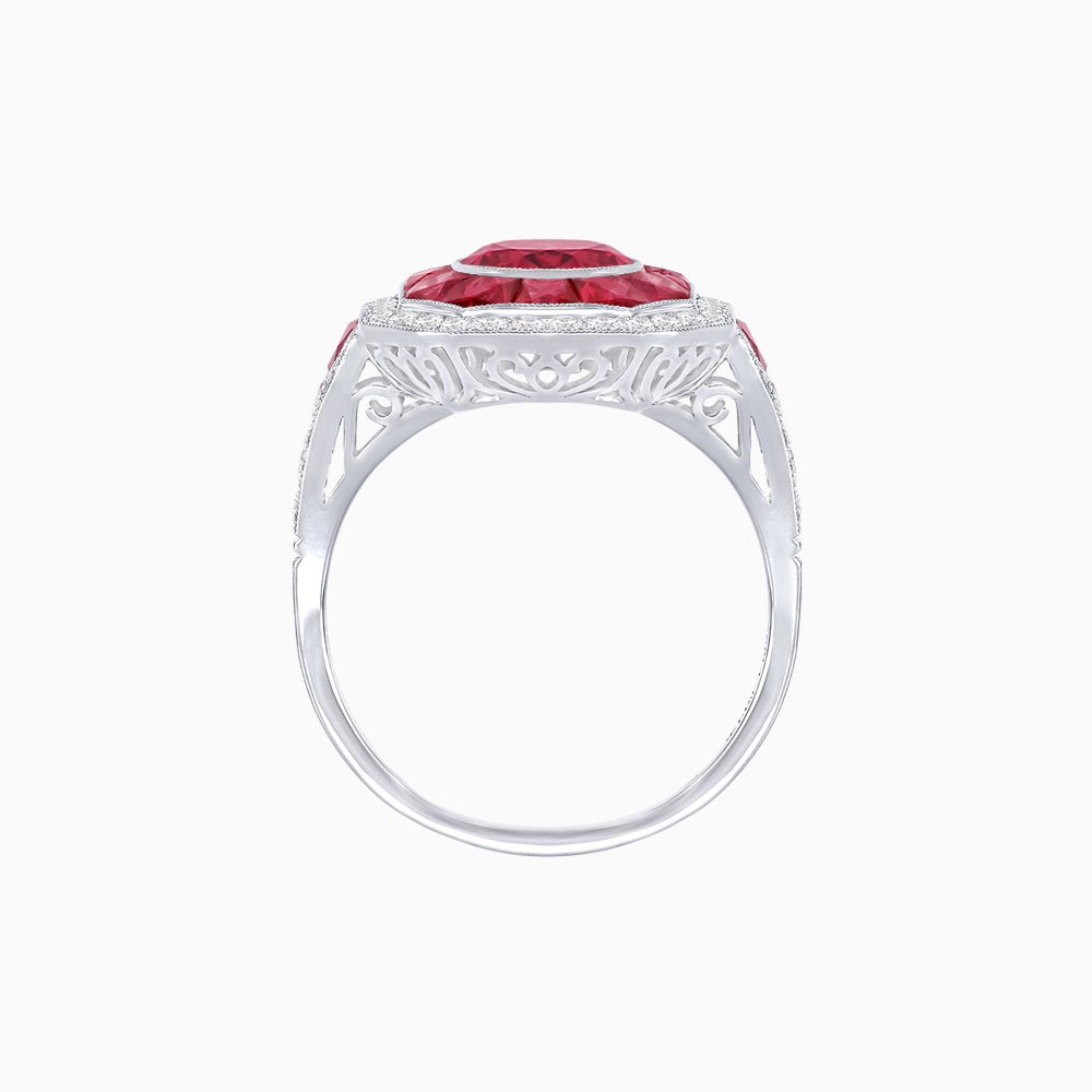 Art Deco Inspired Round Center Octagonal Calibré-Cut Halo Engagement Ring - Shahin Jewelry