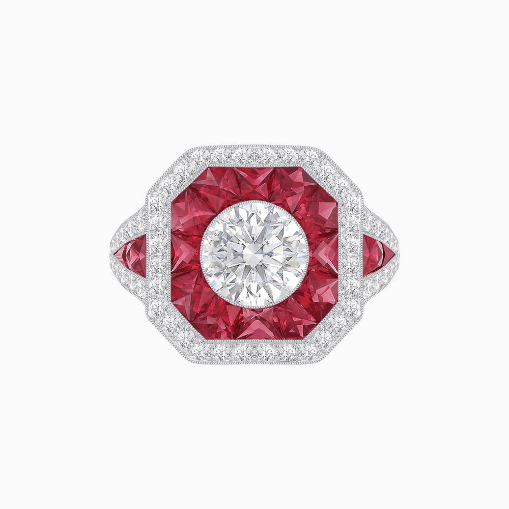 Art Deco Inspired Round Center Octagonal Calibré-Cut Halo Engagement Ring - Shahin Jewelry