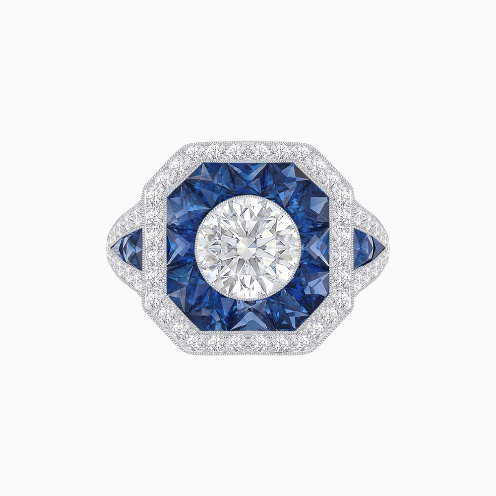 Art Deco Inspired Round Center Octagonal Calibré-Cut Halo Engagement Ring - Shahin Jewelry