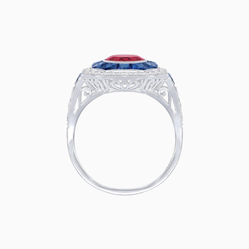 Art Deco Inspired Round Center Octagonal Calibré-Cut Halo Engagement Ring - Shahin Jewelry