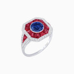 Load image into Gallery viewer, Art Deco Inspired Round Center Octagonal Calibré-Cut Halo Engagement Ring - Shahin Jewelry