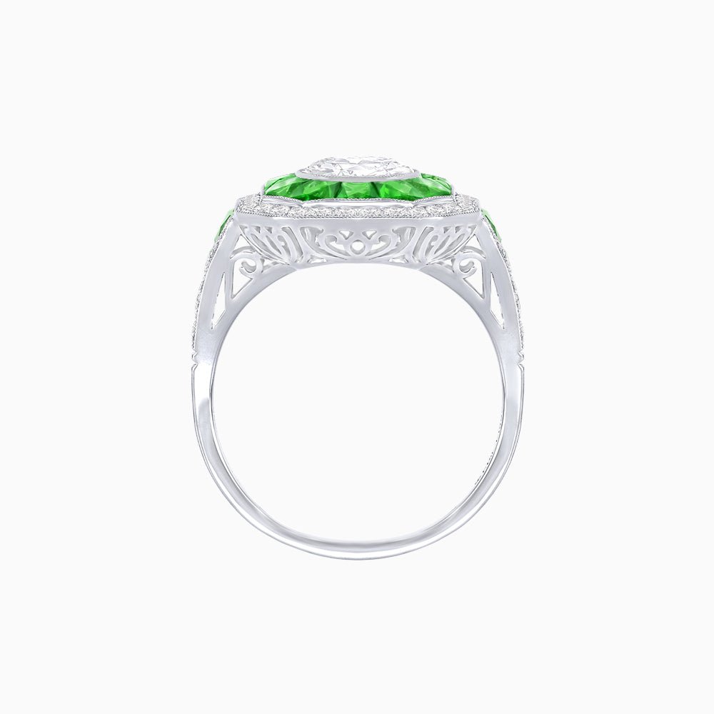 Art Deco Inspired Round Center Octagonal Calibré-Cut Halo Engagement Ring - Shahin Jewelry