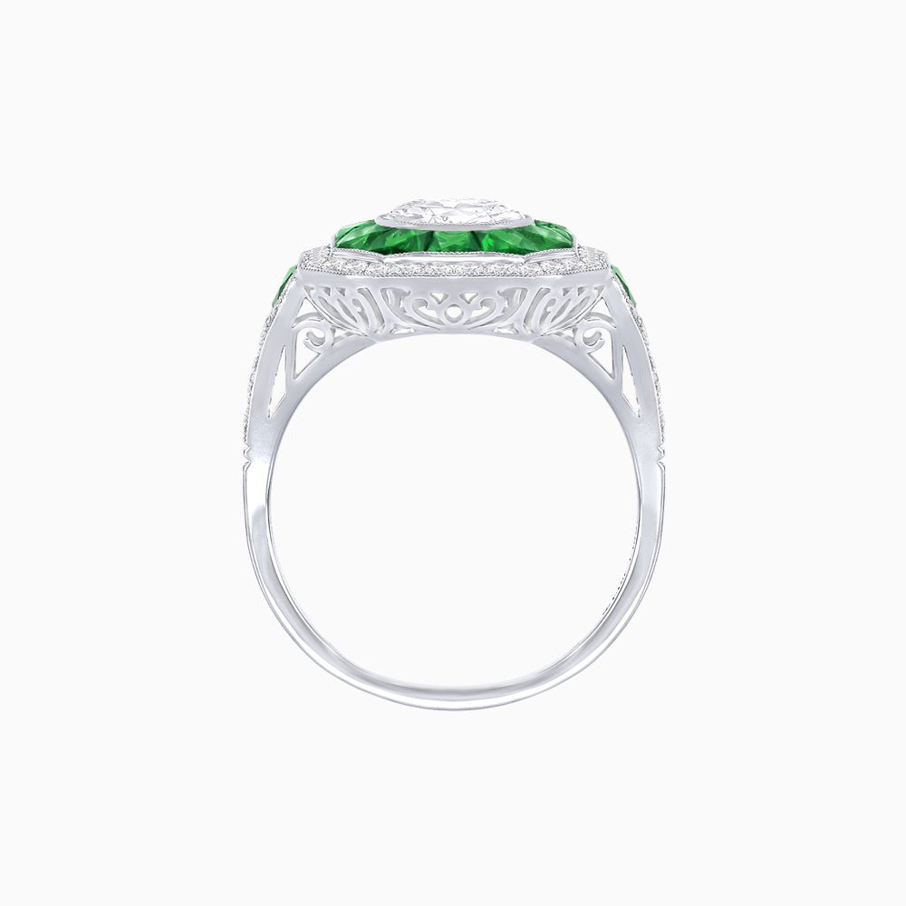 Art Deco Inspired Round Center Octagonal Calibré-Cut Halo Engagement Ring - Shahin Jewelry