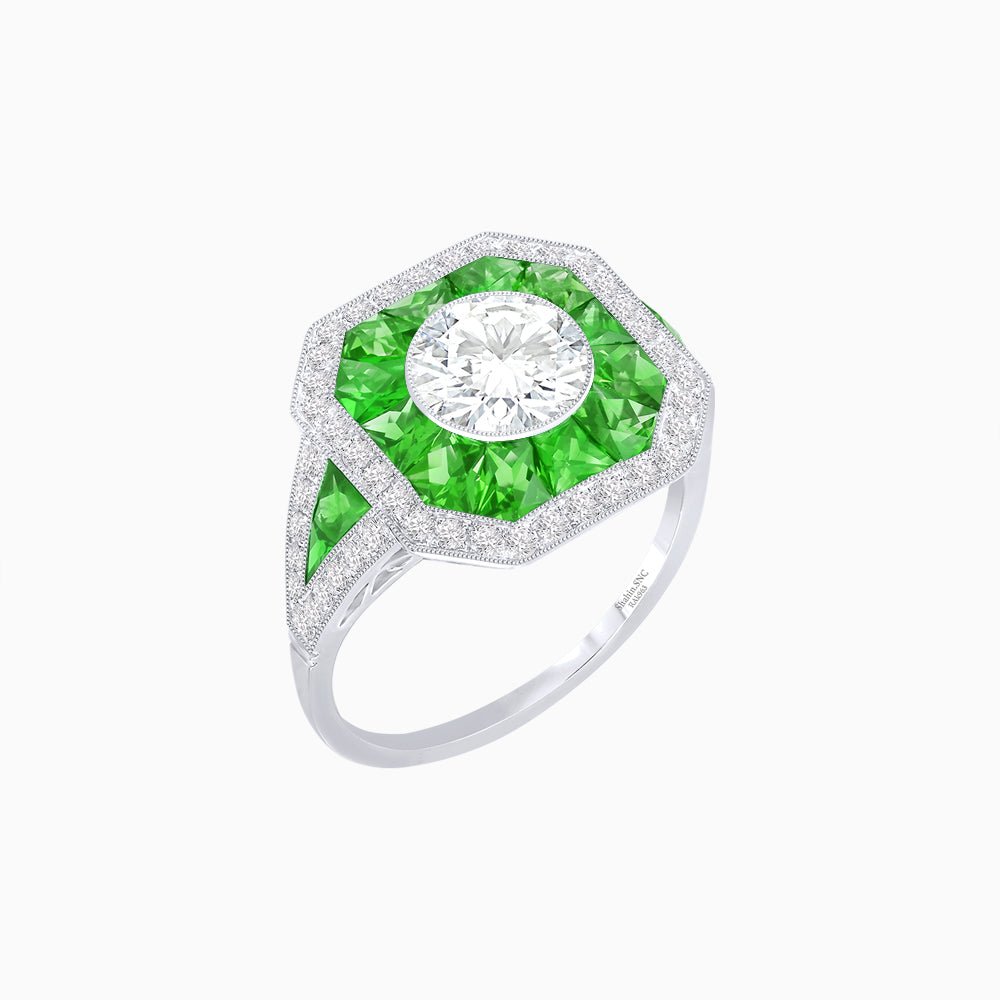 Art Deco Inspired Round Center Octagonal Calibré-Cut Halo Engagement Ring - Shahin Jewelry