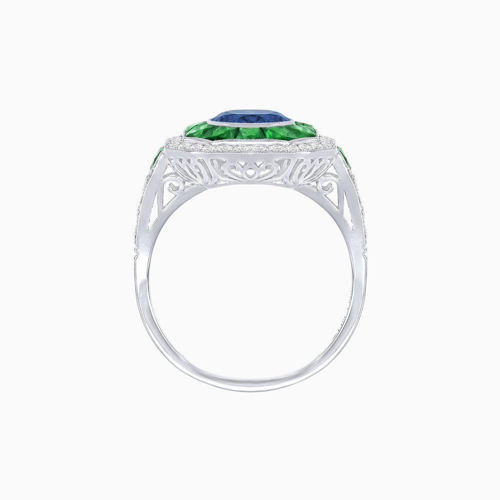 Art Deco Inspired Round Center Octagonal Calibré-Cut Halo Engagement Ring - Shahin Jewelry