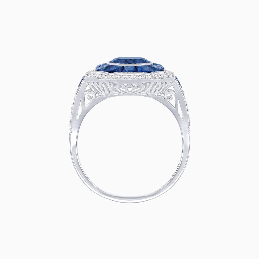 Art Deco Inspired Round Center Octagonal Calibré-Cut Halo Engagement Ring - Shahin Jewelry