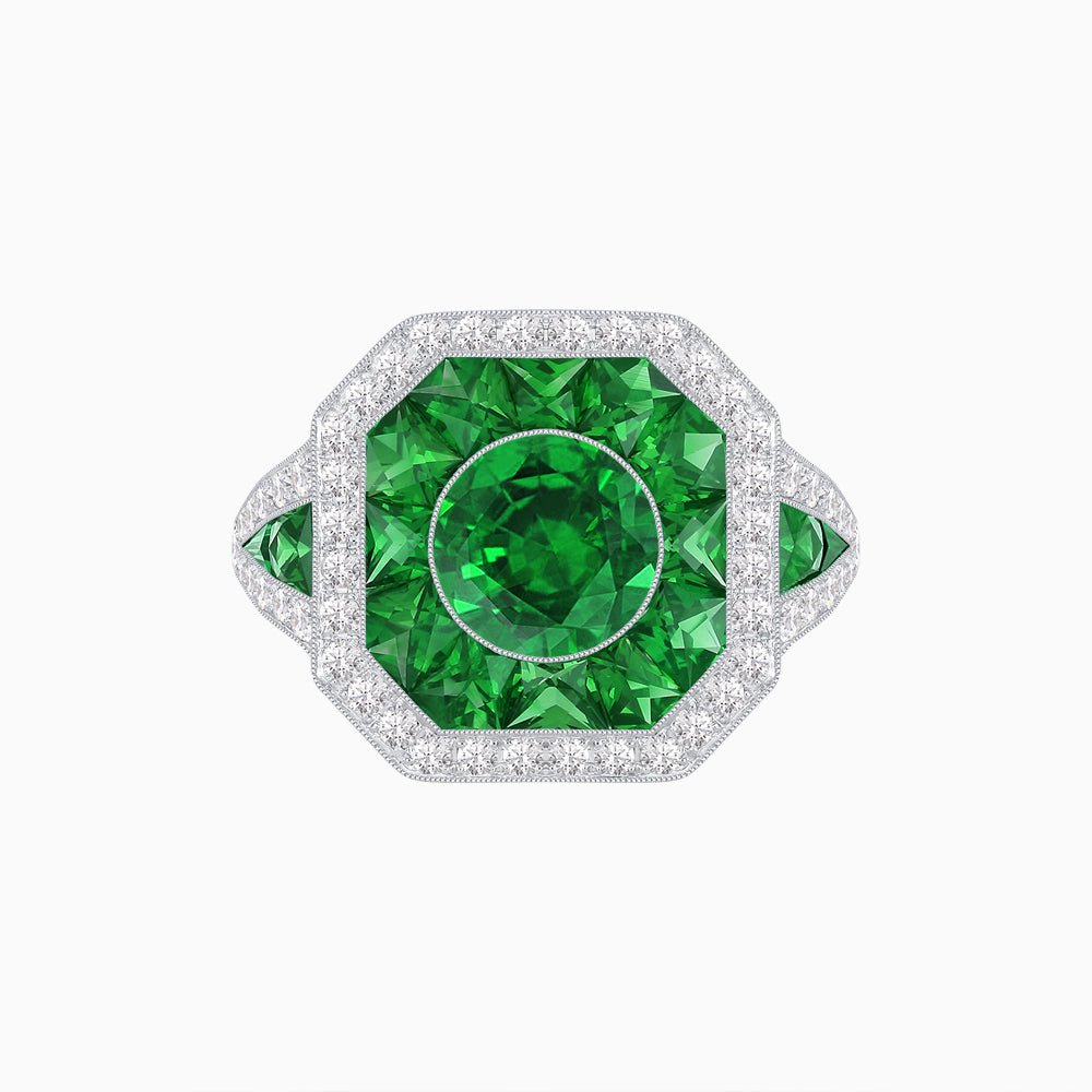 Art Deco Inspired Round Center Octagonal Calibré-Cut Halo Engagement Ring - Shahin Jewelry