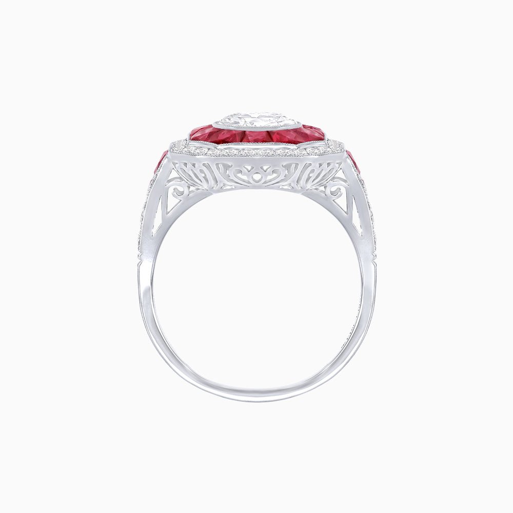 Art Deco Inspired Round Center Octagonal Calibré-Cut Halo Engagement Ring - Shahin Jewelry