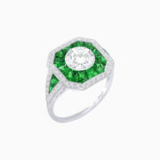 Art Deco Inspired Round Center Octagonal Calibré-Cut Halo Engagement Ring - Shahin Jewelry