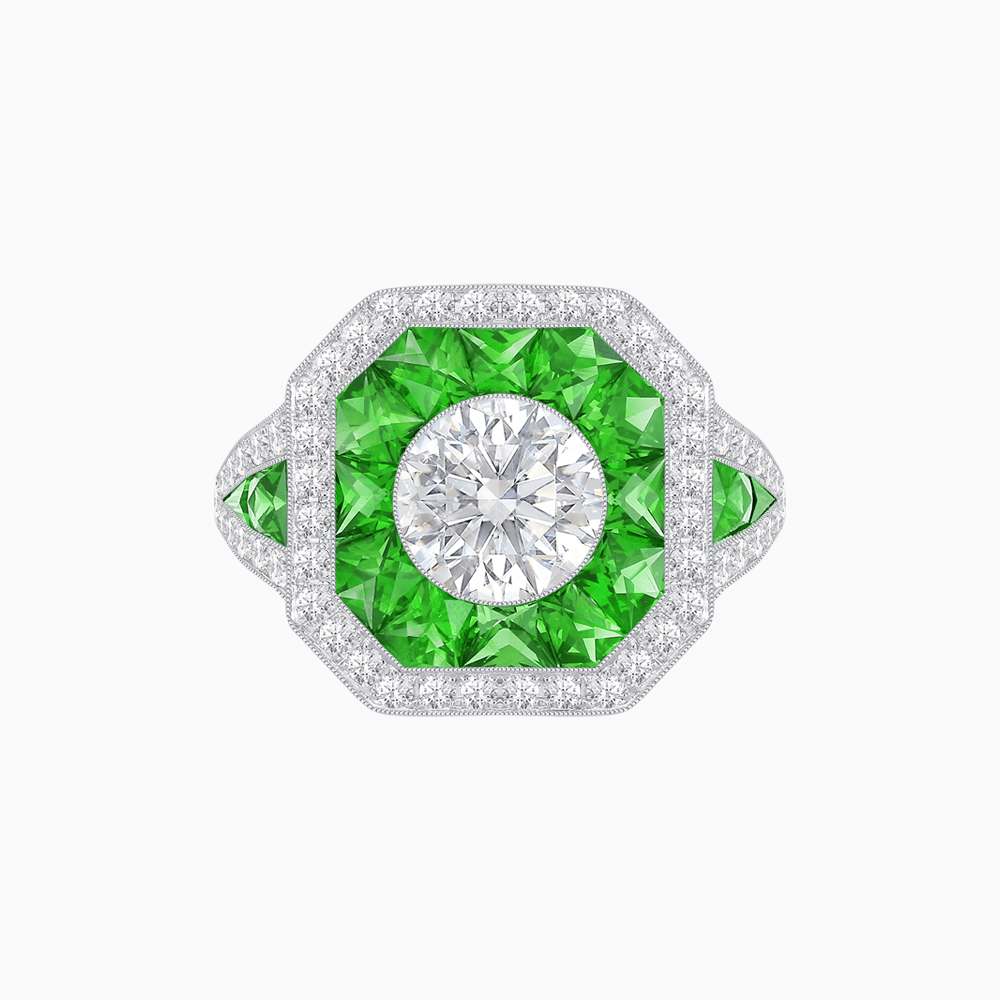 Art Deco Inspired Round Center Octagonal Calibré-Cut Halo Engagement Ring - Shahin Jewelry