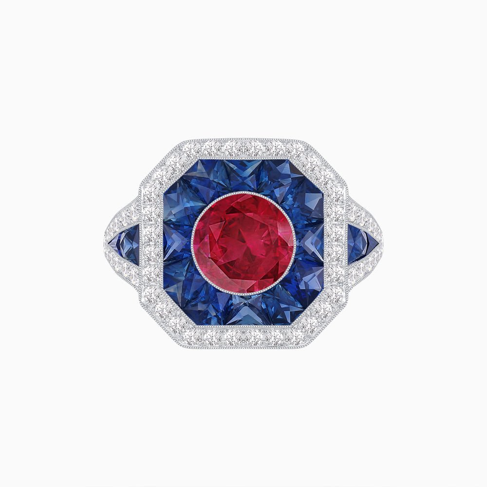 Art Deco Inspired Round Center Octagonal Calibré-Cut Halo Engagement Ring - Shahin Jewelry