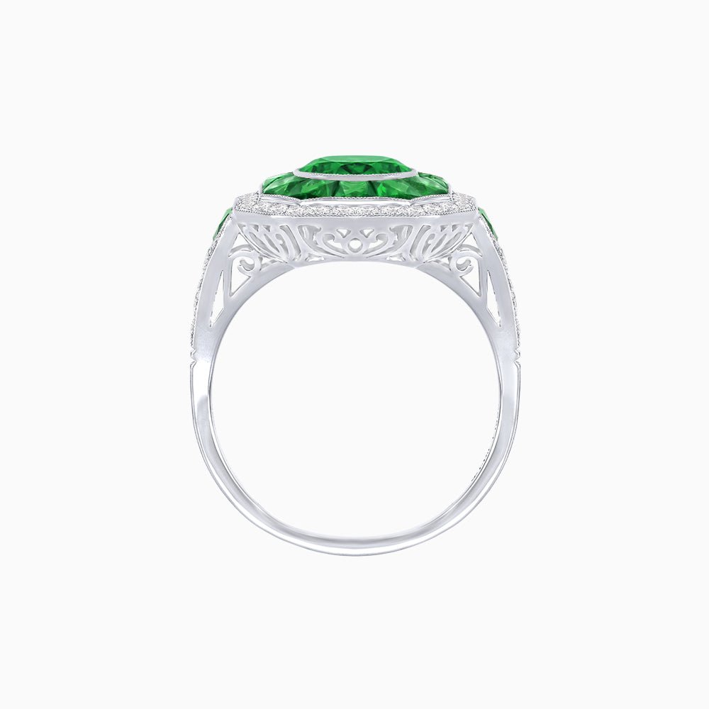 Art Deco Inspired Round Center Octagonal Calibré-Cut Halo Engagement Ring - Shahin Jewelry