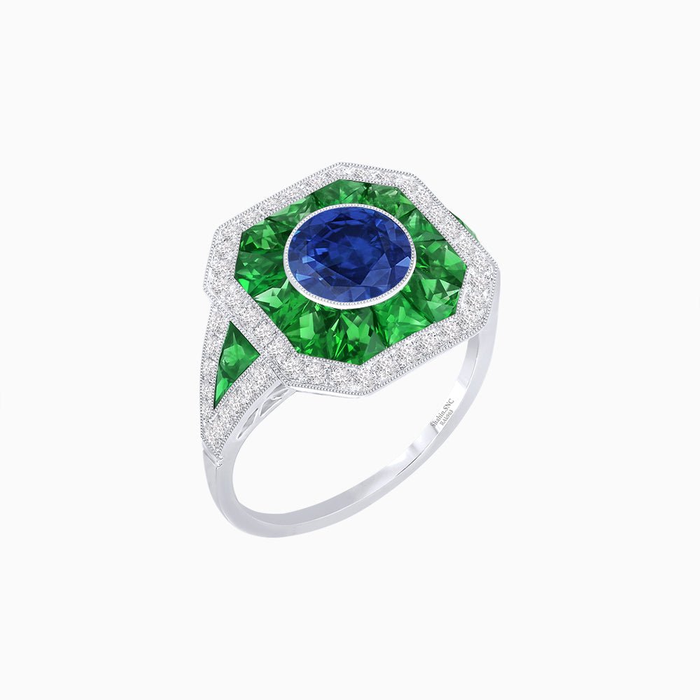 Art Deco Inspired Round Center Octagonal Calibré-Cut Halo Engagement Ring - Shahin Jewelry