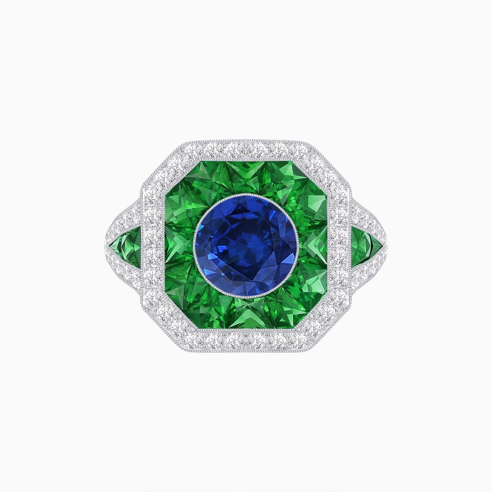 Art Deco Inspired Round Center Octagonal Calibré-Cut Halo Engagement Ring - Shahin Jewelry