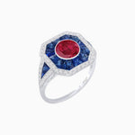 Load image into Gallery viewer, Art Deco Inspired Round Center Octagonal Calibré-Cut Halo Engagement Ring - Shahin Jewelry