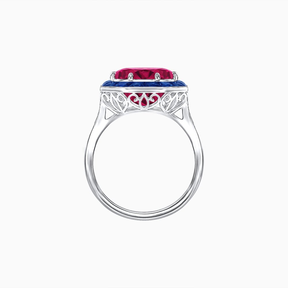 Art Deco Inspired Round Cut Cocktail Ring with Calibré Gemstone Halo - Shahin Jewelry
