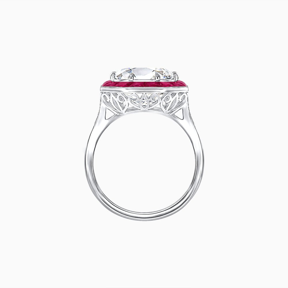 Art Deco Inspired Round Cut Cocktail Ring with Calibré Gemstone Halo - Shahin Jewelry