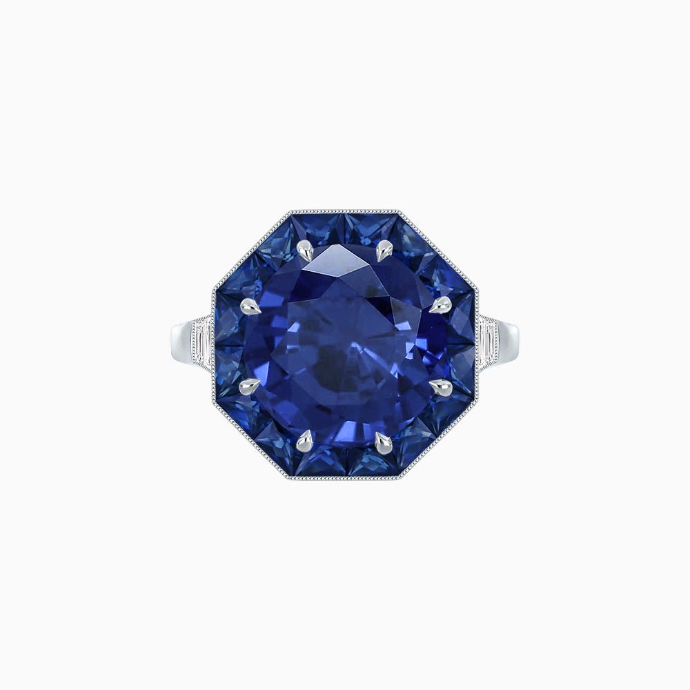 Art Deco Inspired Round Cut Cocktail Ring with Calibré Gemstone Halo - Shahin Jewelry