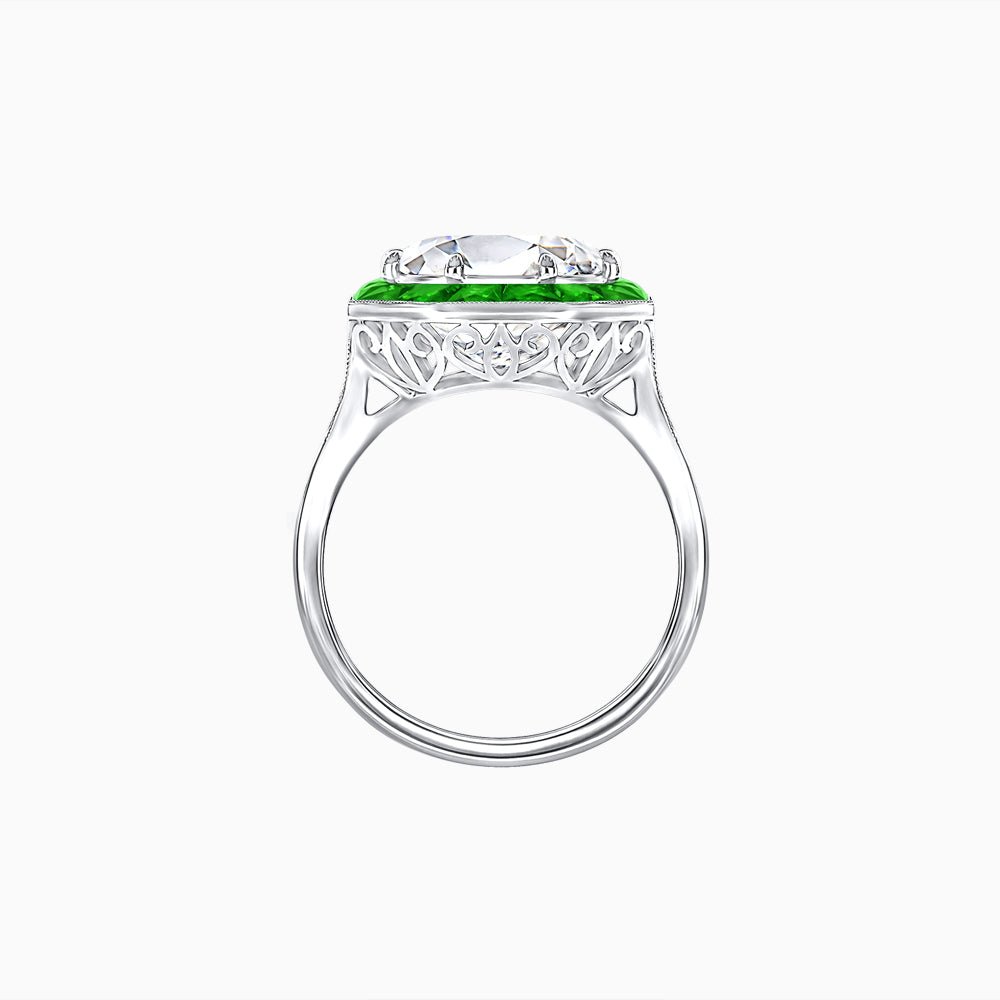 Art Deco Inspired Round Cut Cocktail Ring with Calibré Gemstone Halo - Shahin Jewelry
