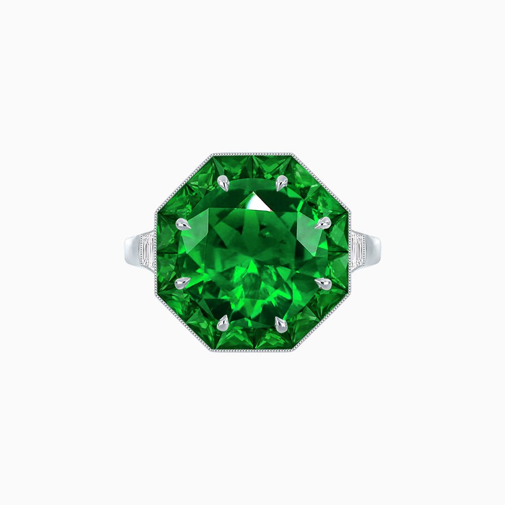 Art Deco Inspired Round Cut Cocktail Ring with Calibré Gemstone Halo - Shahin Jewelry