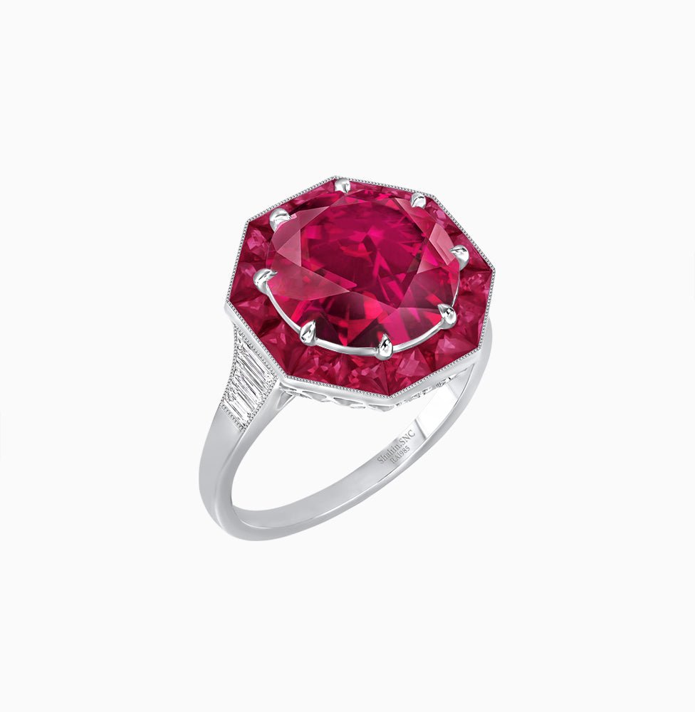 Art Deco Inspired Round Cut Cocktail Ring with Calibré Gemstone Halo - Shahin Jewelry