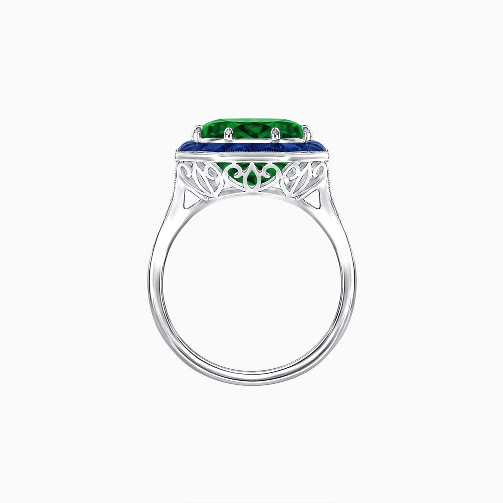 Art Deco Inspired Round Cut Cocktail Ring with Calibré Gemstone Halo - Shahin Jewelry