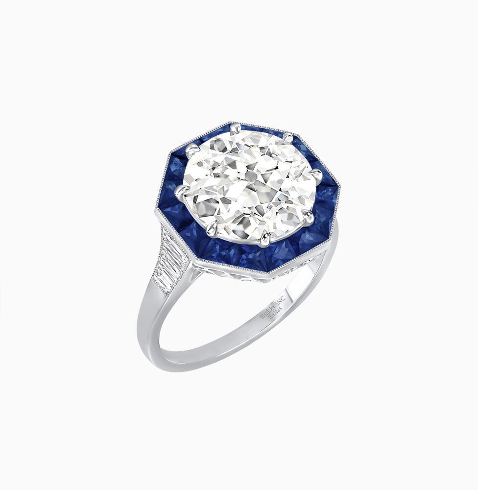 Art Deco Inspired Round Cut Cocktail Ring with Calibré Gemstone Halo - Shahin Jewelry