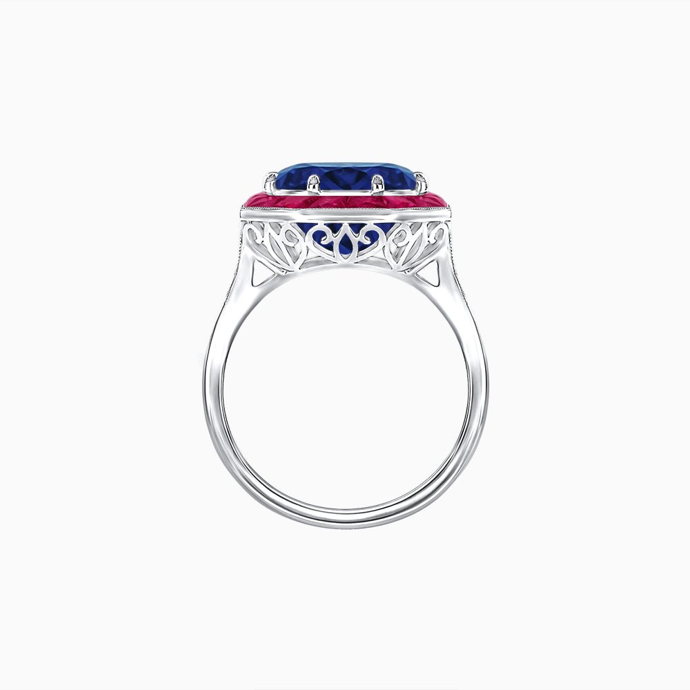 Art Deco Inspired Round Cut Cocktail Ring with Calibré Gemstone Halo - Shahin Jewelry