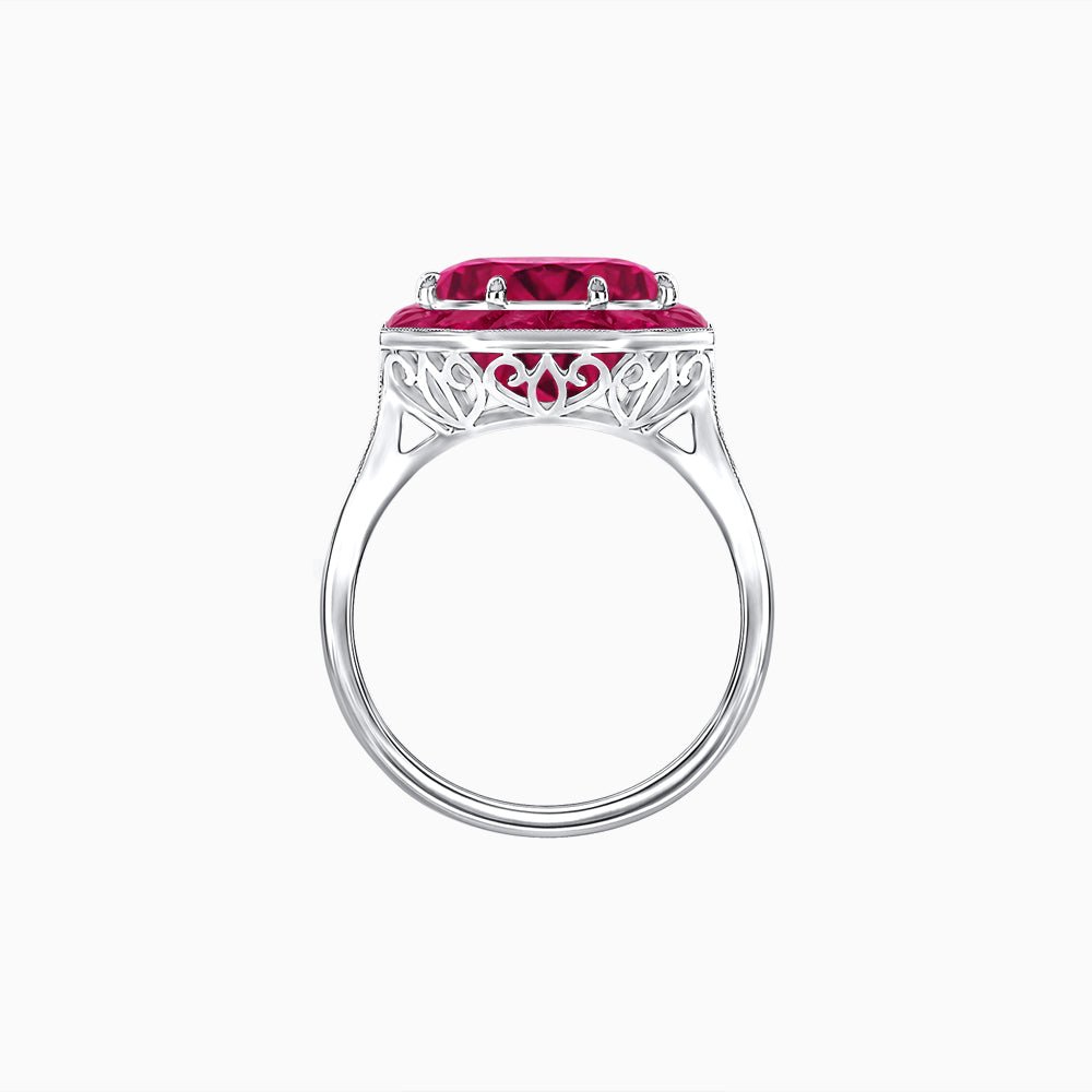 Art Deco Inspired Round Cut Cocktail Ring with Calibré Gemstone Halo - Shahin Jewelry