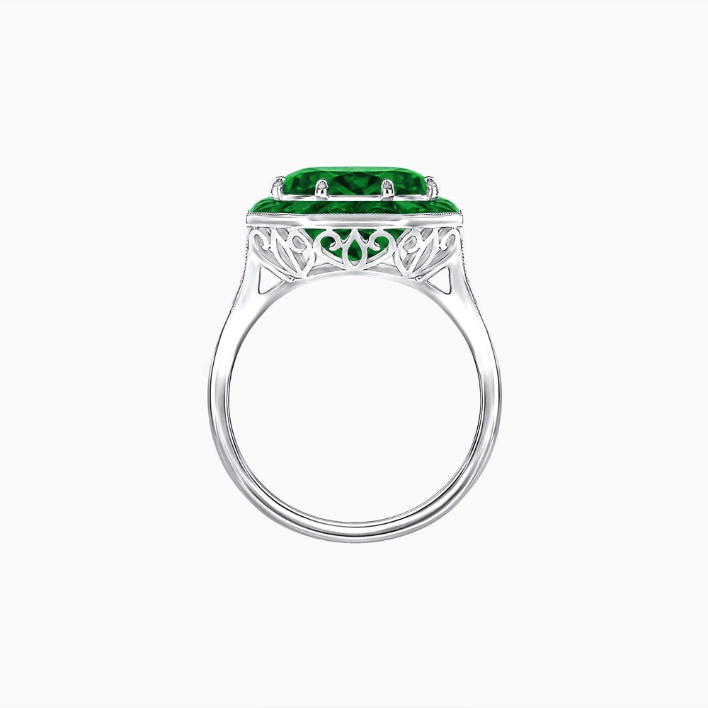Art Deco Inspired Round Cut Cocktail Ring with Calibré Gemstone Halo - Shahin Jewelry