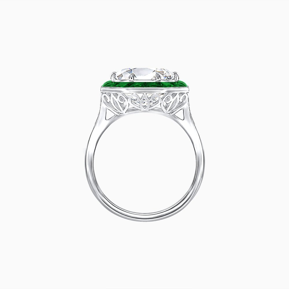 Art Deco Inspired Round Cut Cocktail Ring with Calibré Gemstone Halo - Shahin Jewelry