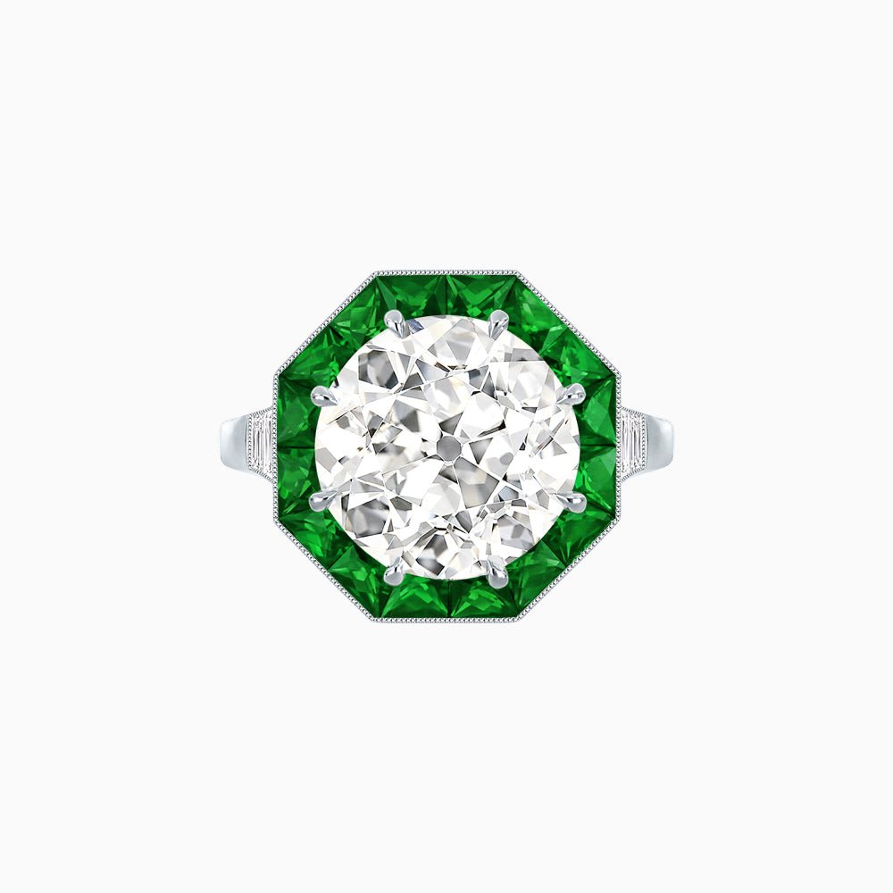 Art Deco Inspired Round Cut Cocktail Ring with Calibré Gemstone Halo - Shahin Jewelry