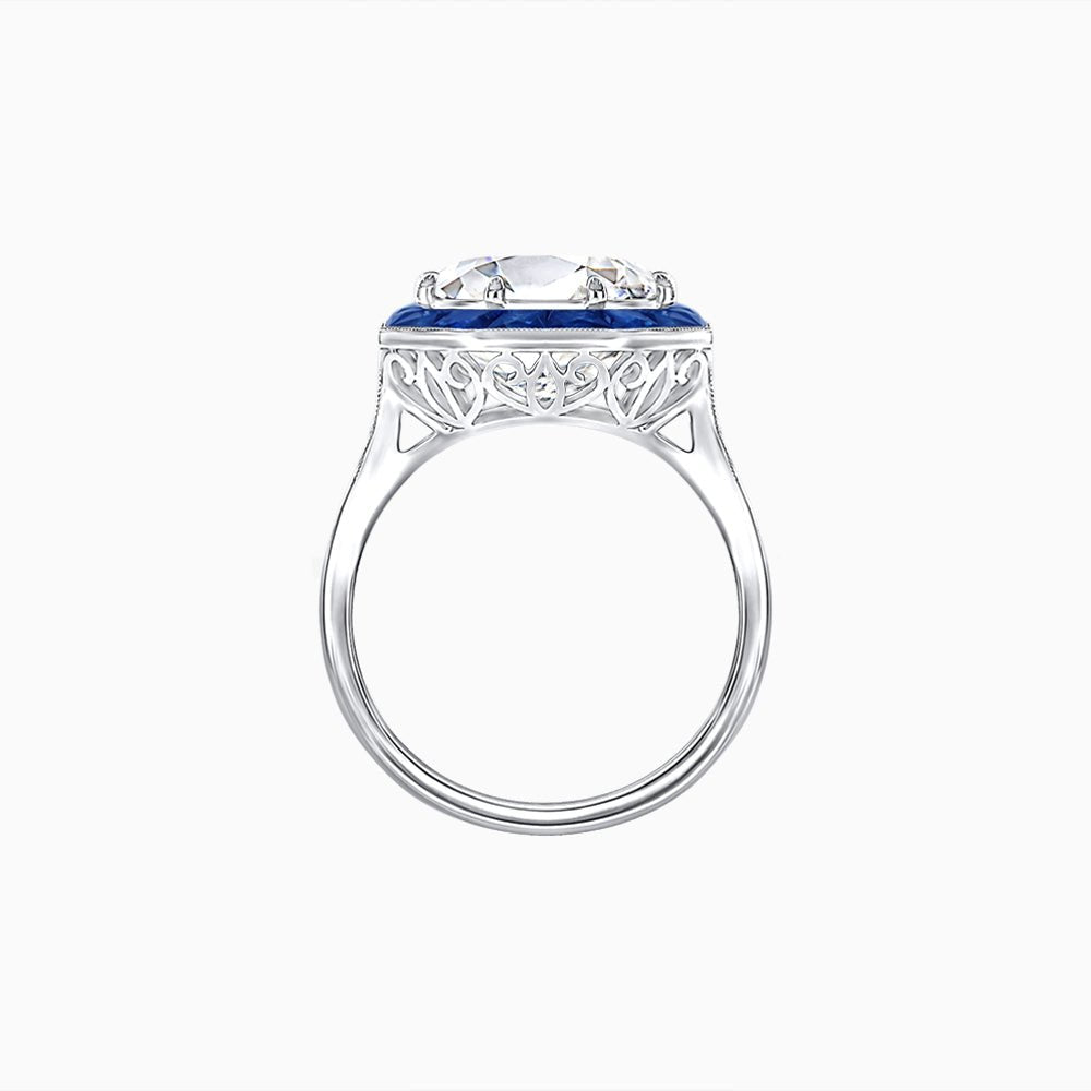 Art Deco Inspired Round Cut Cocktail Ring with Calibré Gemstone Halo - Shahin Jewelry