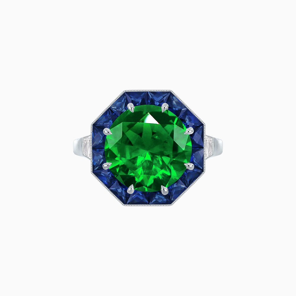 Art Deco Inspired Round Cut Cocktail Ring with Calibré Gemstone Halo - Shahin Jewelry