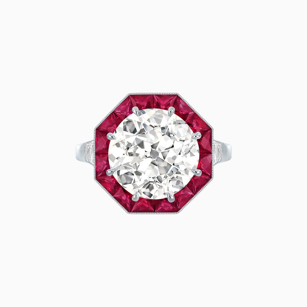 Art Deco Inspired Round Cut Cocktail Ring with Calibré Gemstone Halo - Shahin Jewelry