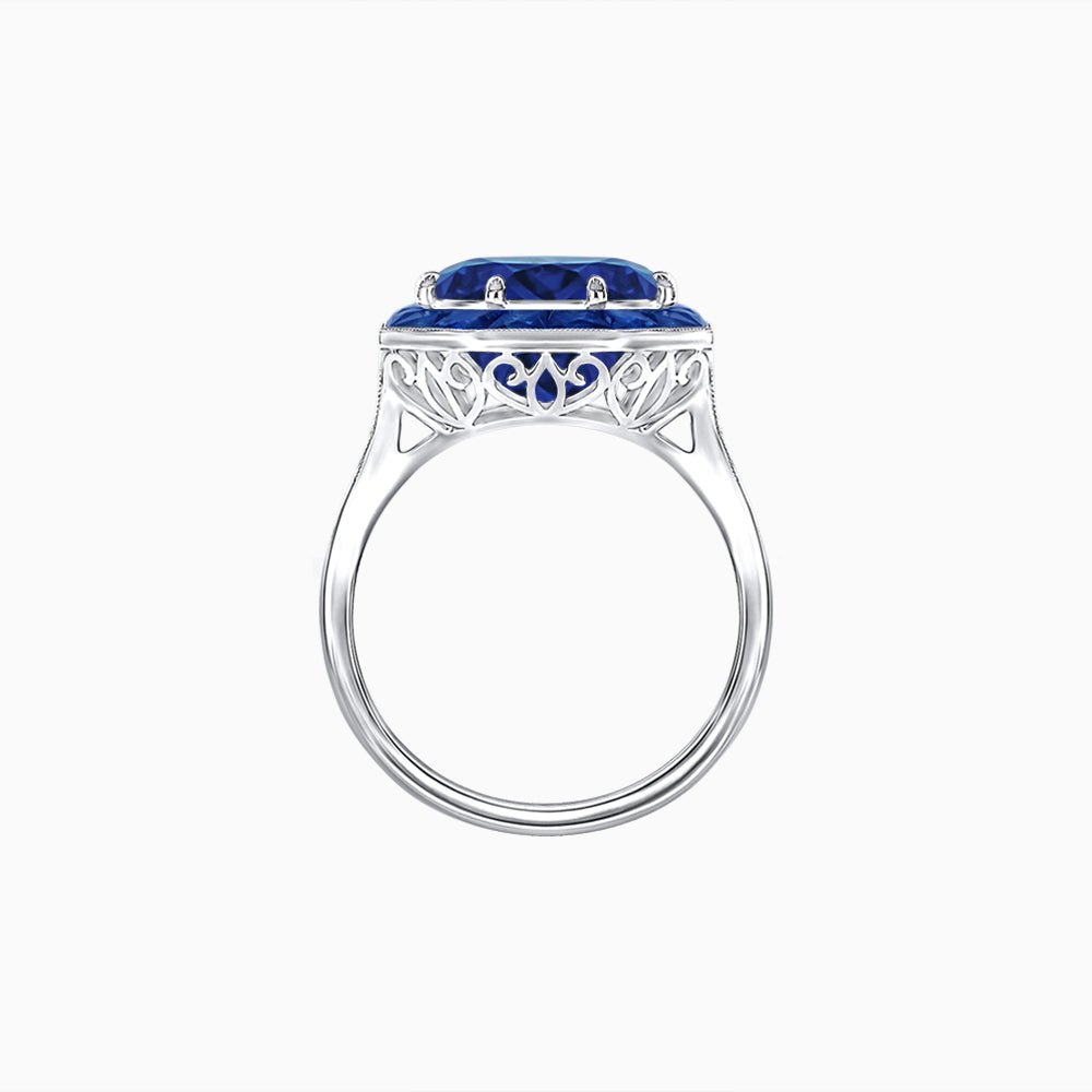 Art Deco Inspired Round Cut Cocktail Ring with Calibré Gemstone Halo - Shahin Jewelry