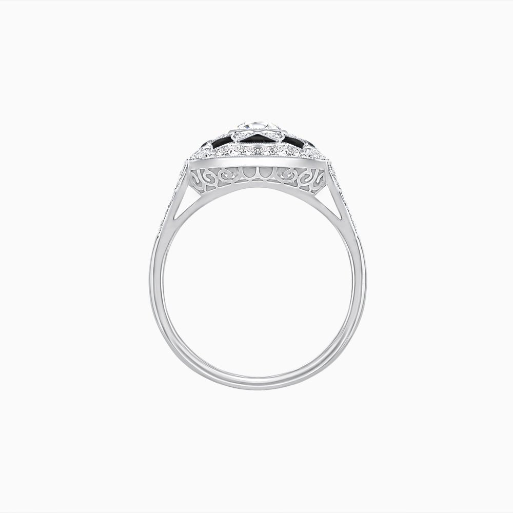 Art Deco Inspired Round Cut Halo Ring with Calibré Gemstone Accents - Shahin Jewelry