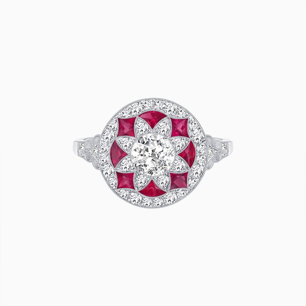 Art Deco Inspired Round Cut Halo Ring with Calibré Gemstone Accents - Shahin Jewelry