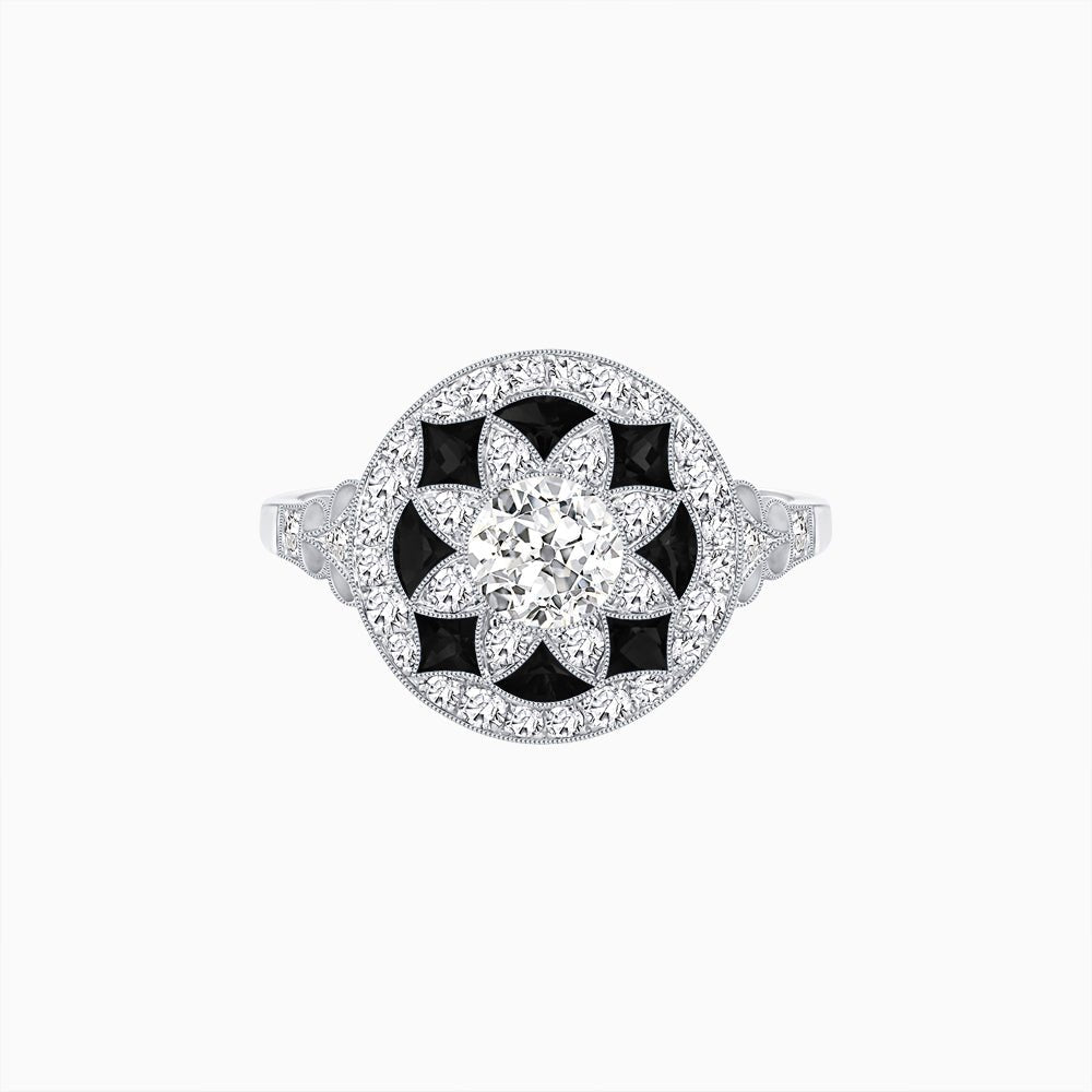 Art Deco Inspired Round Cut Halo Ring with Calibré Gemstone Accents - Shahin Jewelry