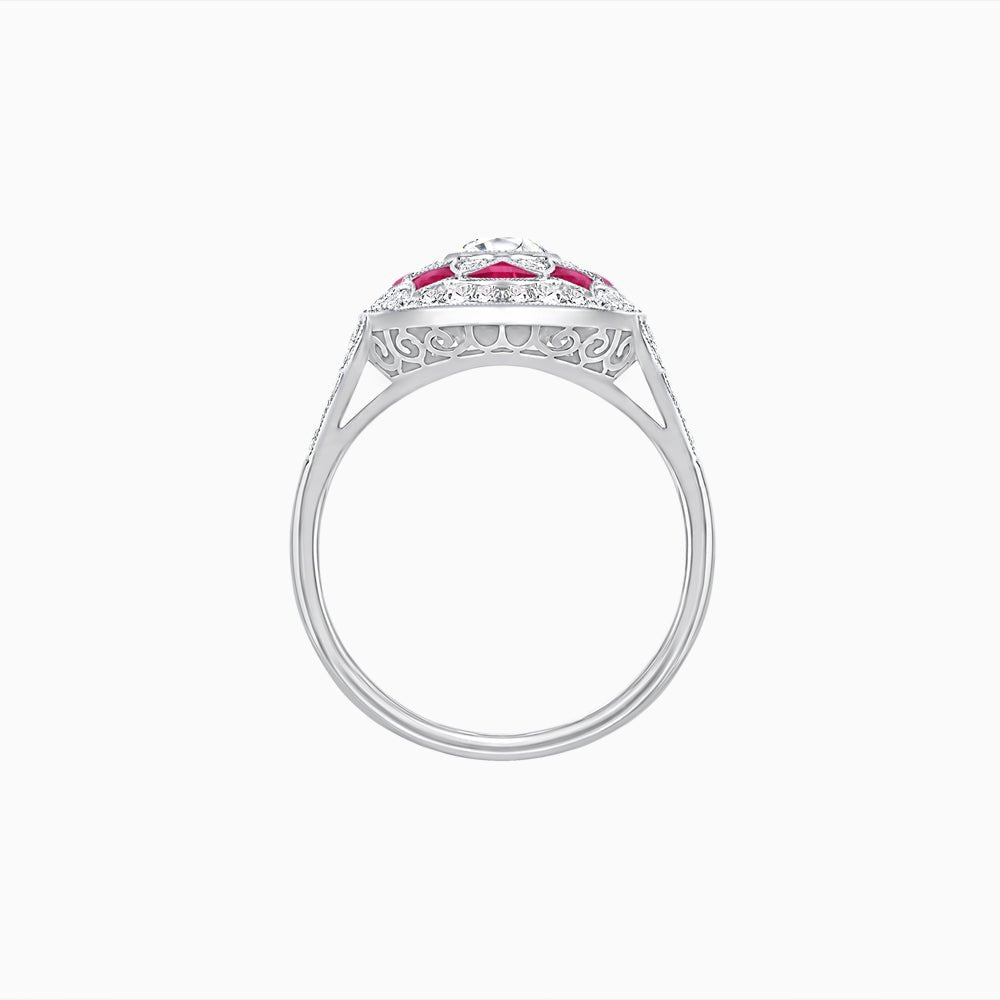 Art Deco Inspired Round Cut Halo Ring with Calibré Gemstone Accents - Shahin Jewelry