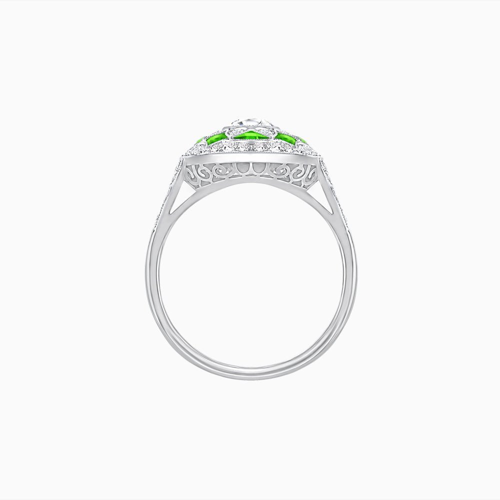 Art Deco Inspired Round Cut Halo Ring with Calibré Gemstone Accents - Shahin Jewelry
