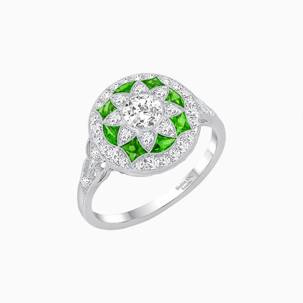 Art Deco Inspired Round Cut Halo Ring with Calibré Gemstone Accents - Shahin Jewelry