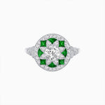 Load image into Gallery viewer, Art Deco Inspired Round Cut Halo Ring with Calibré Gemstone Accents - Shahin Jewelry