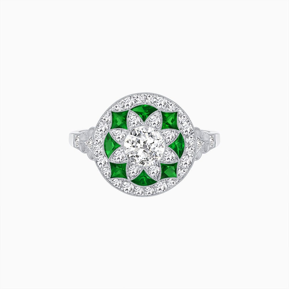 Art Deco Inspired Round Cut Halo Ring with Calibré Gemstone Accents - Shahin Jewelry