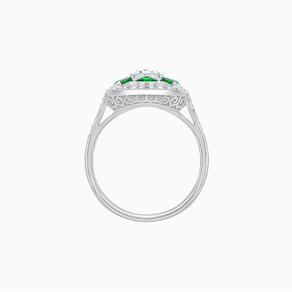 Art Deco Inspired Round Cut Halo Ring with Calibré Gemstone Accents - Shahin Jewelry