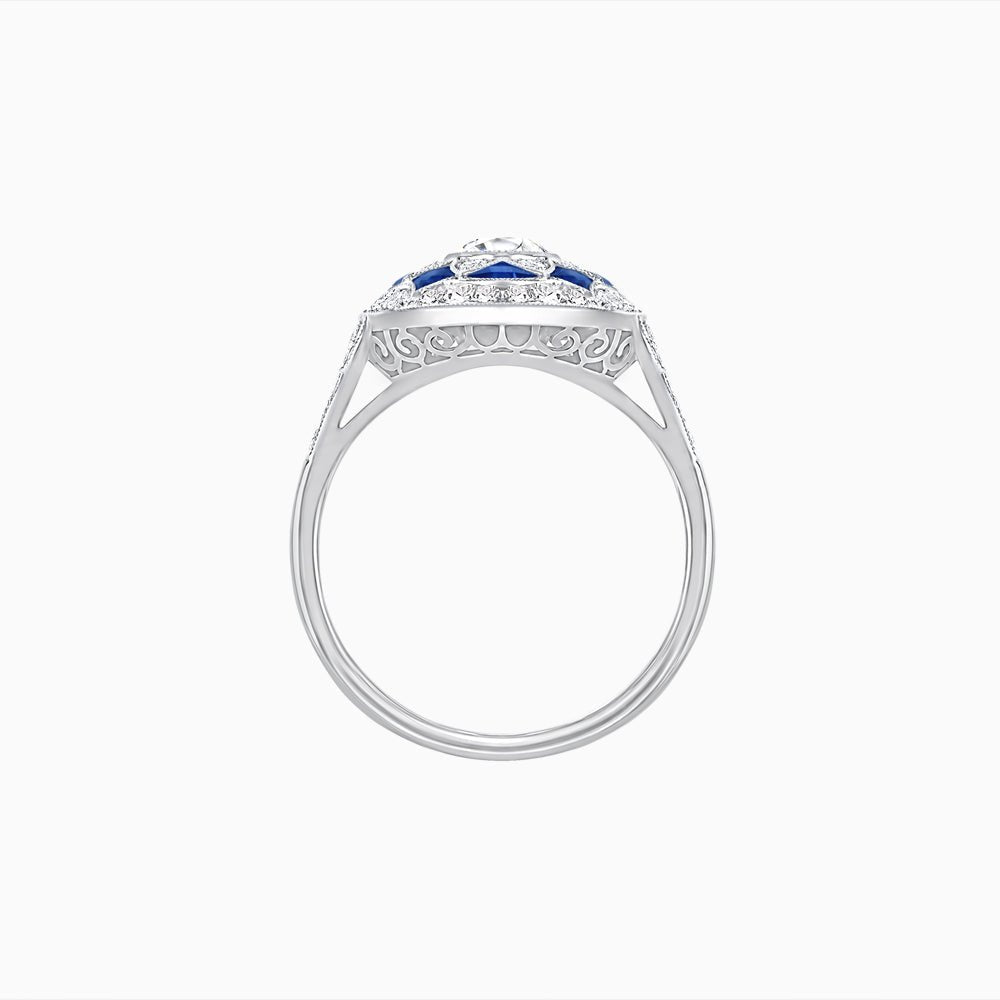Art Deco Inspired Round Cut Halo Ring with Calibré Gemstone Accents - Shahin Jewelry