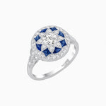 Load image into Gallery viewer, Art Deco Inspired Round Cut Halo Ring with Calibré Gemstone Accents - Shahin Jewelry